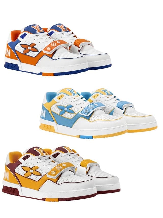 Styling guide: Louis Vuitton trainers in collegiate colorways, orange and blue, light blue and yellow, burgundy and yellow