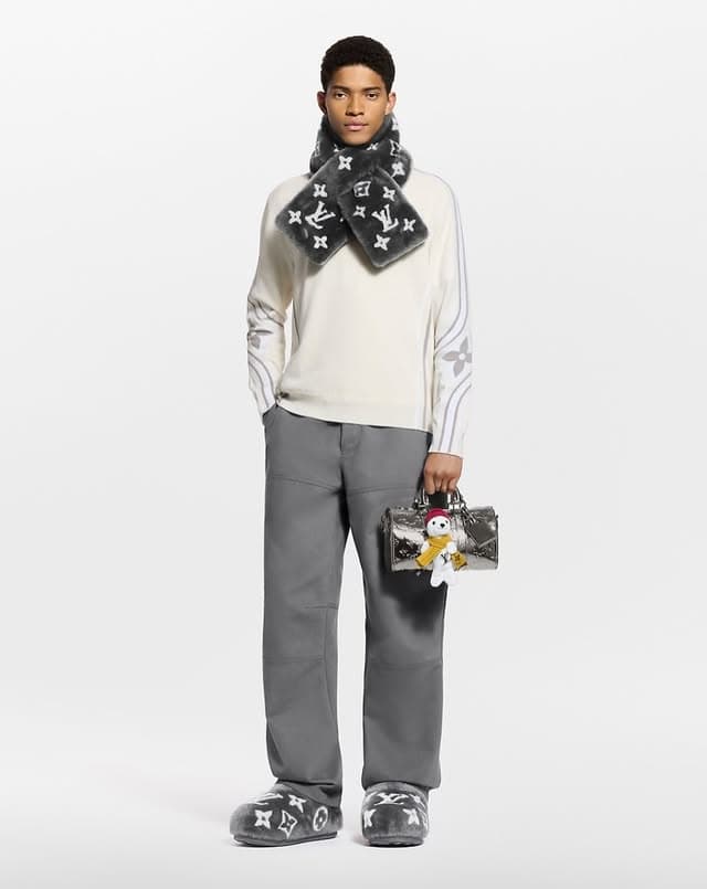 Styling guide: cream ski knit, grey trousers, monogram fur scarf and monogram slippers, Men's Louis Vuitton Ski