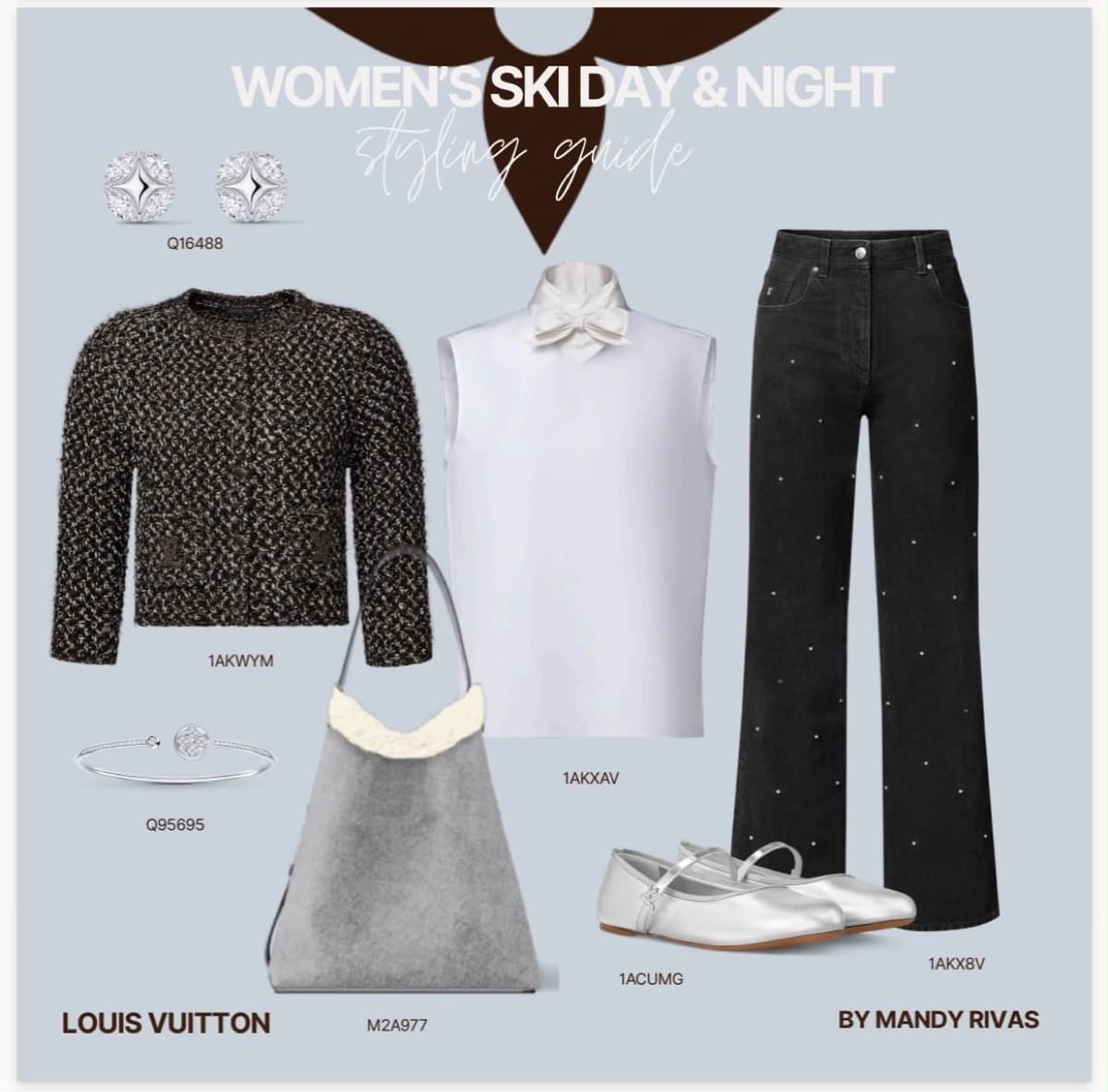 Styling guide: tweed jacket, white bow blouse, star-detailed black jeans, silver flats and diamond jewelry