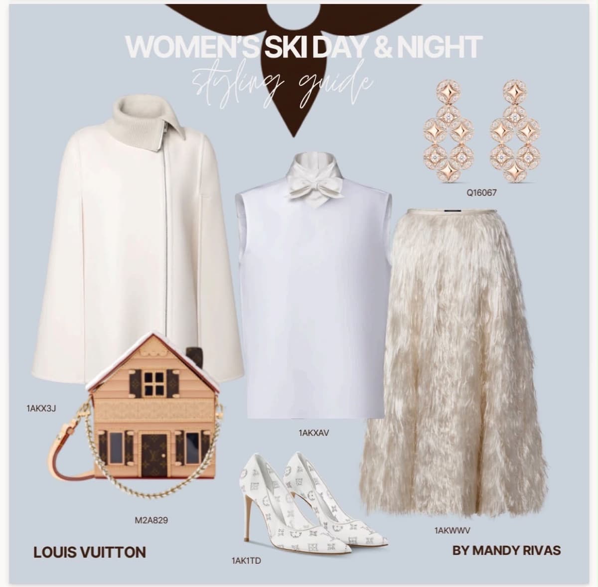 Styling guide: ivory cape, house-shaped chalet bag, white bow blouse, faux-fur skirt and monogram pumps