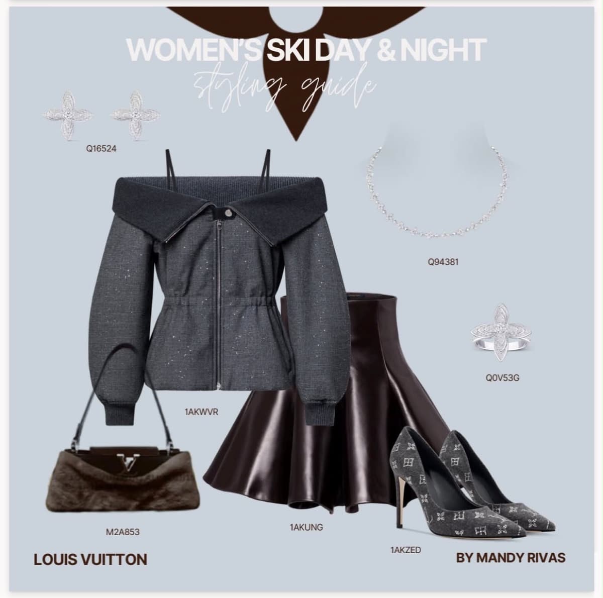 Styling guide: grey wool bomber jacket, black patent skirt, monogram pumps and Louis Vuitton fine jewelry
