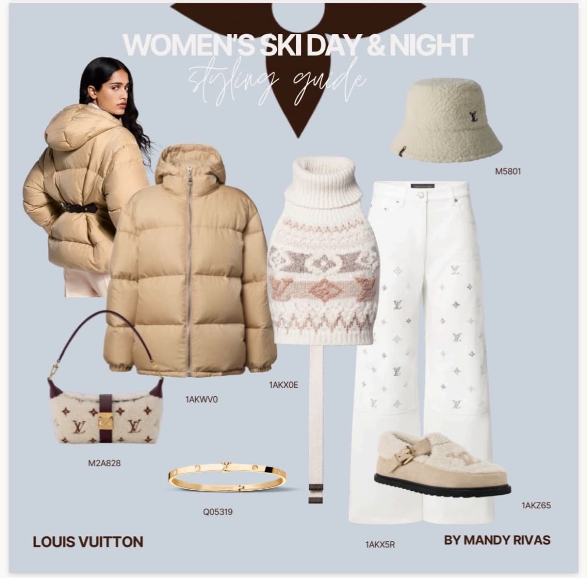 Styling guide: beige puffer, fair-isle turtleneck, white monogram jeans, shearling bucket hat and shearling clogs