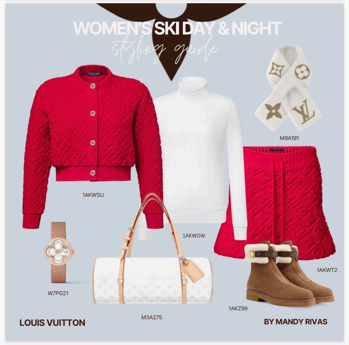 Styling guide: red diamond-knit cardigan and skirt, white turtleneck, monogram scarf, Papillon bag and shearling boots
