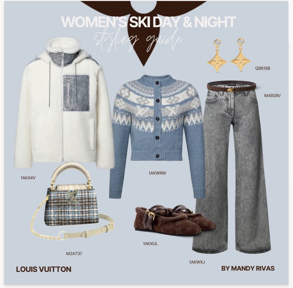 Styling guide: blue fair-isle cardigan, grey denim, Louis Vuitton belt, tweed Capucines and shearling-lined loafers