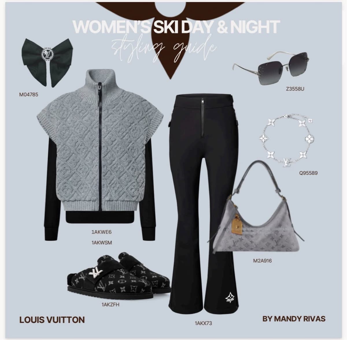 Styling guide: grey diamond-knit vest, black ski pants, monogram slides, sunglasses and grey hobo bag