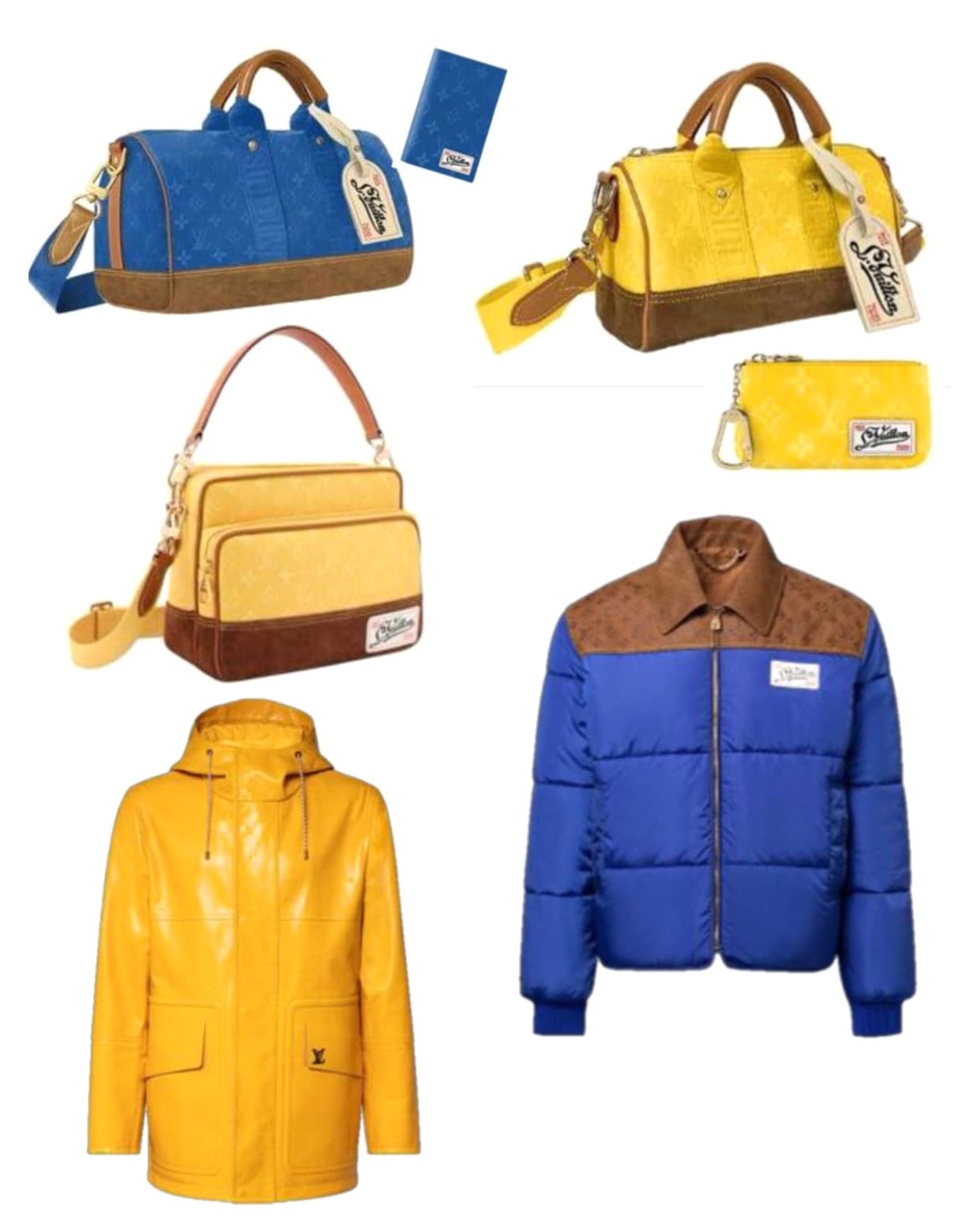 The blue and yellow set: Monogram suede base bags, a card holder, a key pouch, a yellow leather parka and a blue puffer