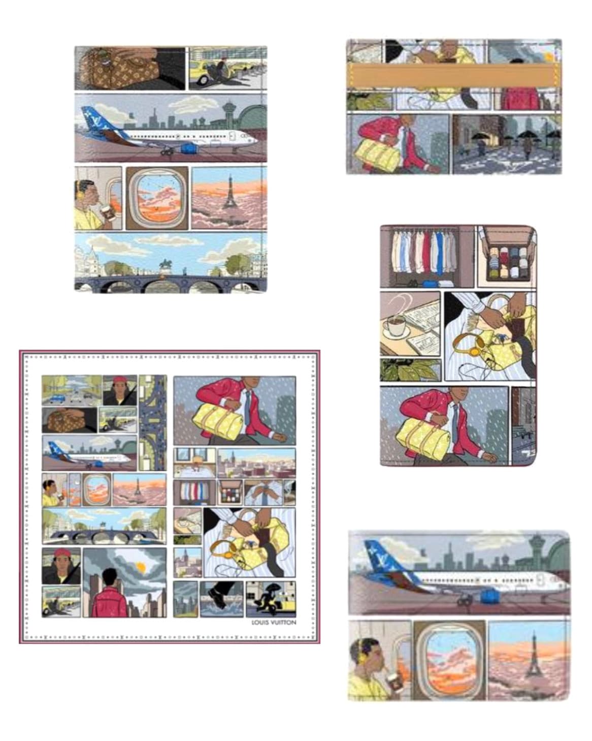 The comic travel print set: a passport cover, card holder, wallet, pouch and a square scarf