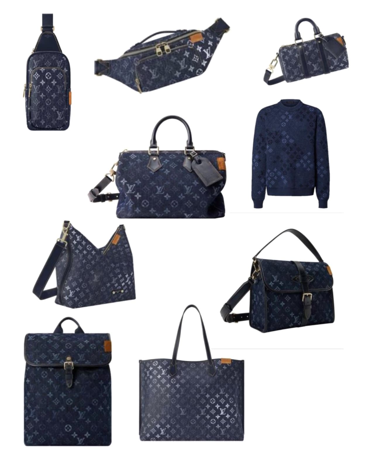 The navy denim Monogram set: sling, bumbag, mini travel bag, Keepall Bandoulière, crewneck, hobo, messenger, flap backpack, tote and zip pouch
