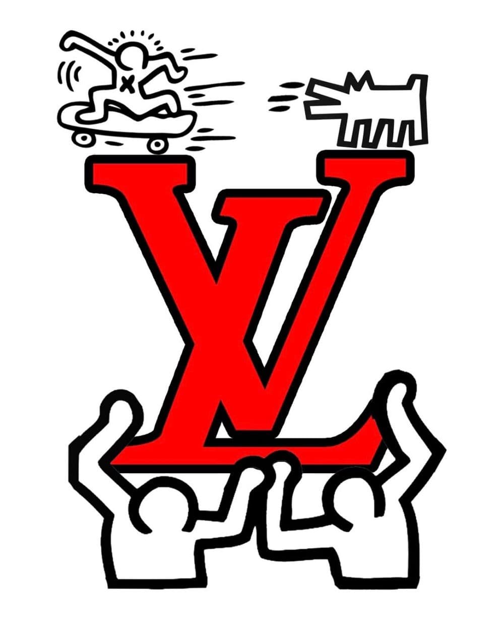 Illustrated Louis Vuitton artwork chosen for Presco Picks: a red LV letterform held up by two outlined figures, a skateboarder riding its top left and a barking dog at its top right, black line work on white