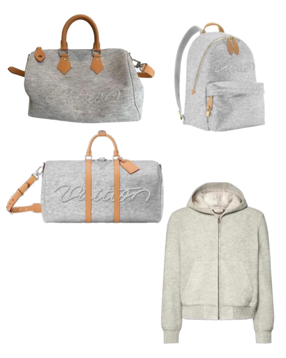 The grey felt set with the embossed Vuitton script: a Speedy style bag, a backpack, a Keepall style bag and a zip hoodie