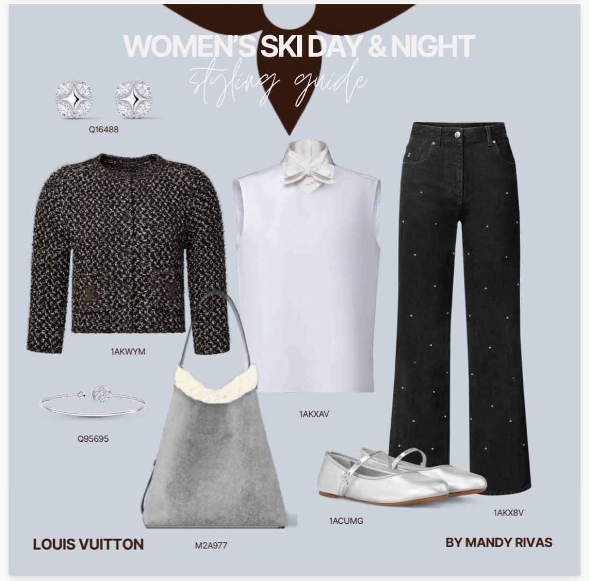 Styling guide: tweed jacket, white bow blouse, star-detailed black jeans, silver flats and diamond jewelry