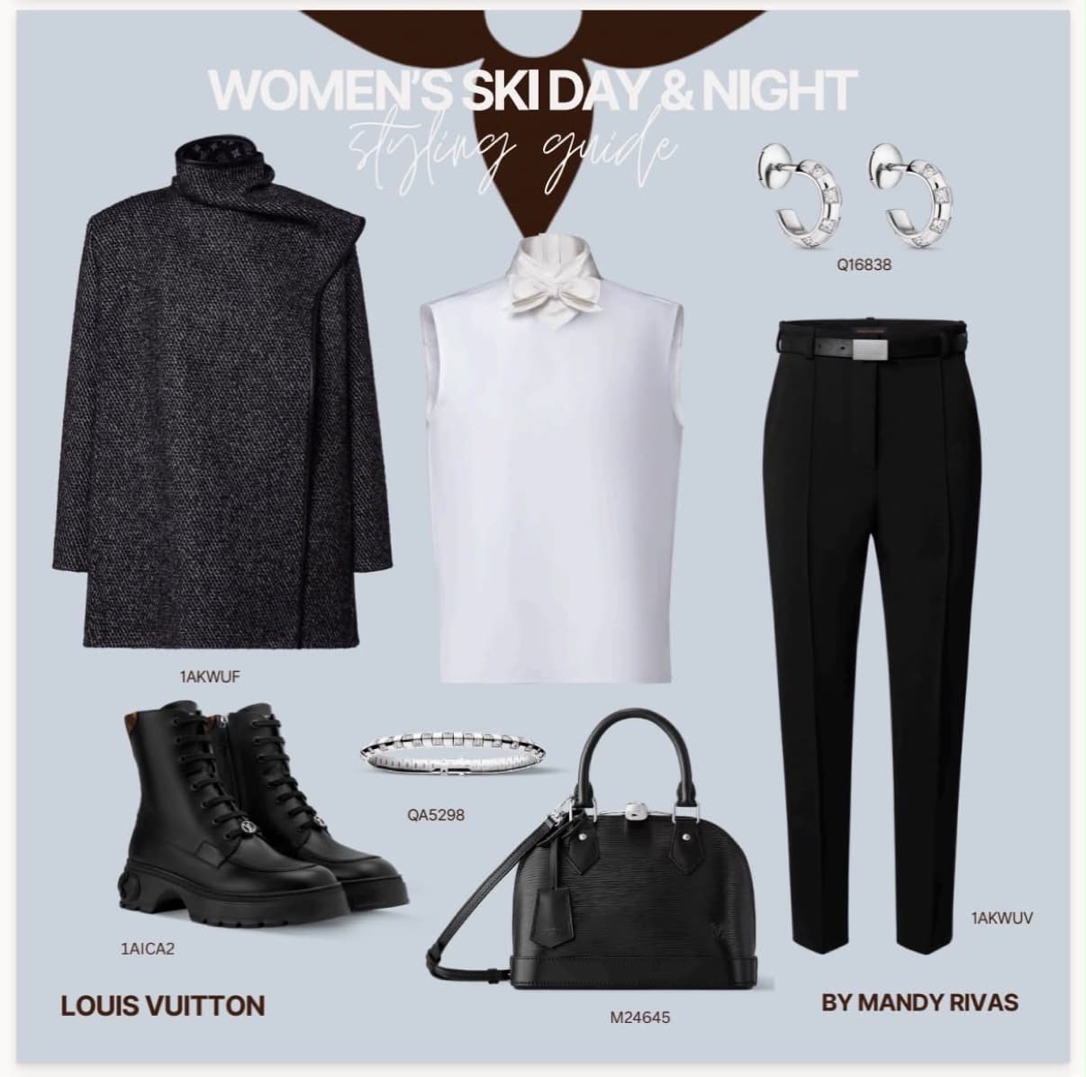 Styling guide: black tailored coat, white bow blouse, black trousers, black Alma bag and chunky boots