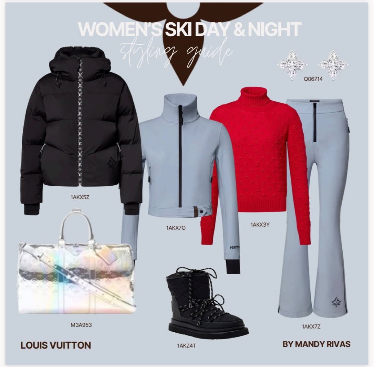 Styling guide: black puffer, ice-blue ski jacket and pants, red monogram knit, prism Keepall and lace-up boots